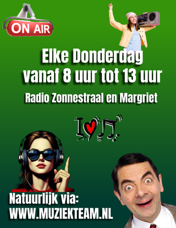 Radio poster with “Elke Donderdag vanaf 8 uur tot 13 uur,” on-air sign, two people, and website URL