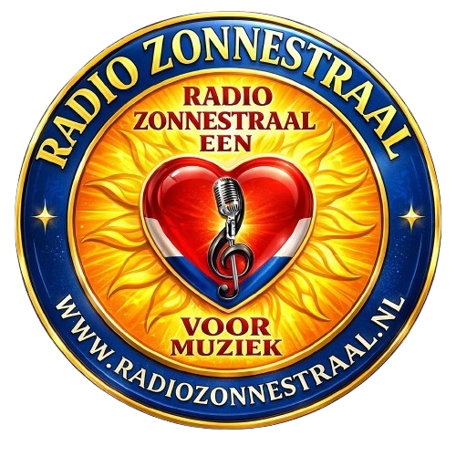 Logo voor Radio Zonnestraal, met een zon, rood hart, vioolsleutel en Nederlandse tekst op een blauwe cirkel.