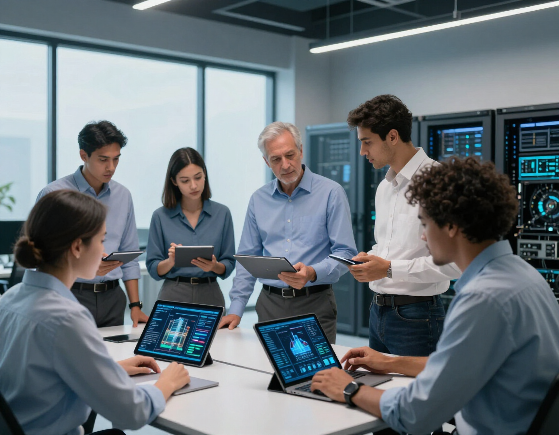 Team meeting in a modern office, with people reviewing tablets and laptops around a conference table