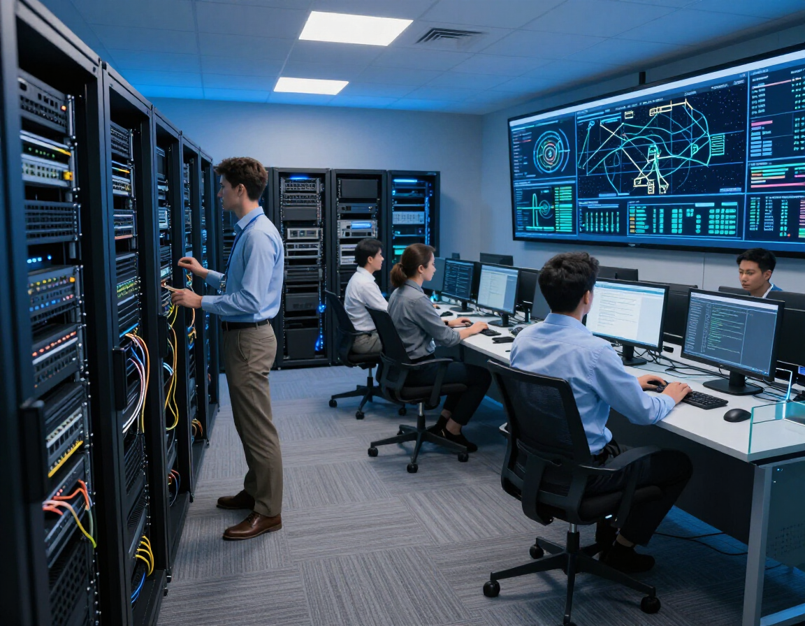 IT operations team monitoring servers and dashboards in a blue-lit data center