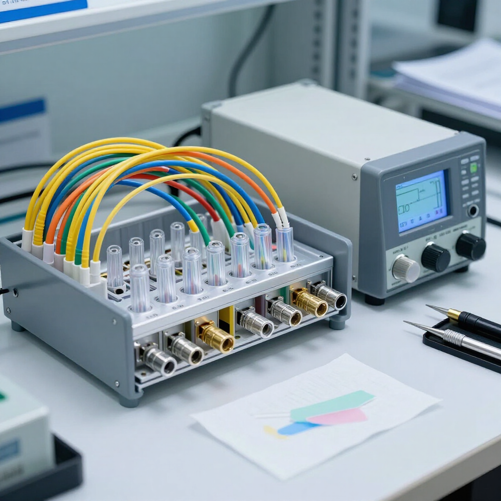 Laboratory electronics setup with colored wires on a test module and a digital bench instrument on a desk