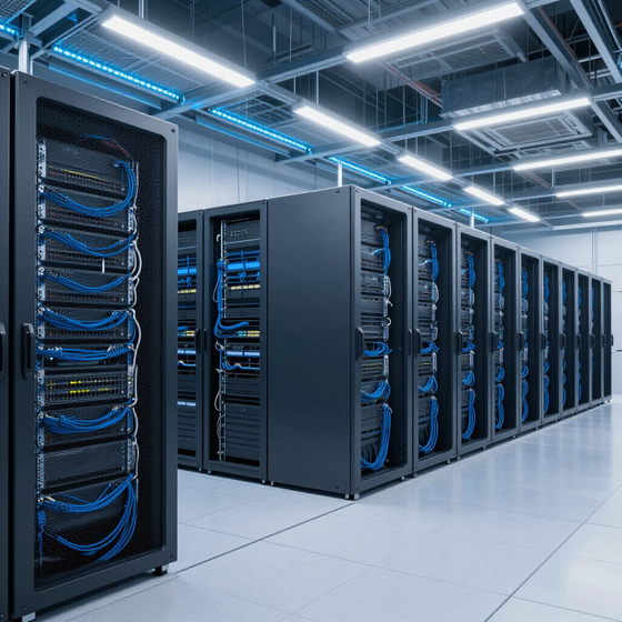 Rows of blue-lit server racks in a modern data center with bright ceiling lights