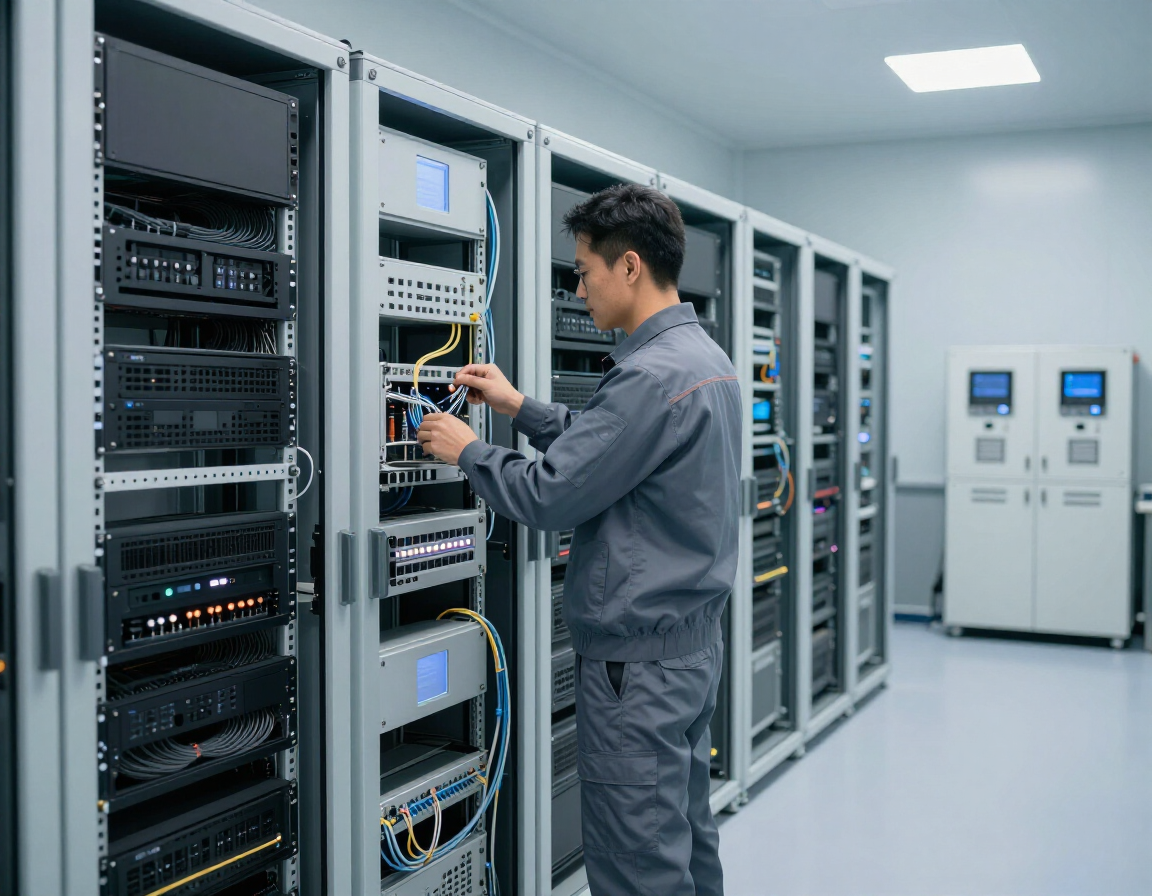 Technician working in a server room, connecting cables in a row of network racks.