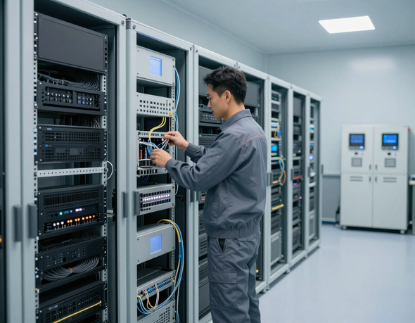 Technician working in a server room, connecting cables in a row of network racks.
