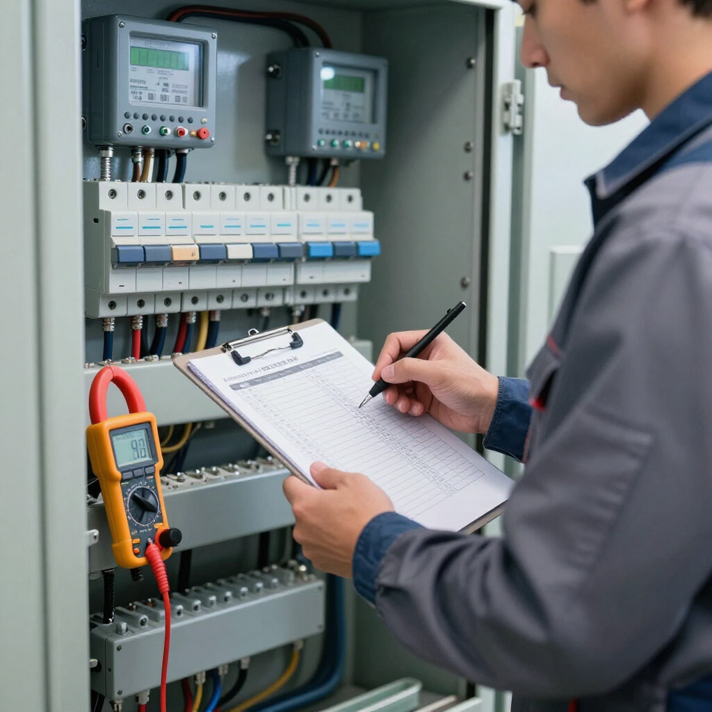 Technician inspecting electrical control panel with a clipboard and multimeter in a workshop cabinet