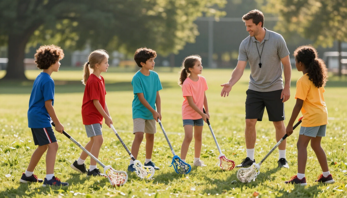 Kids learning beginner lacrosse skills through passing and catching