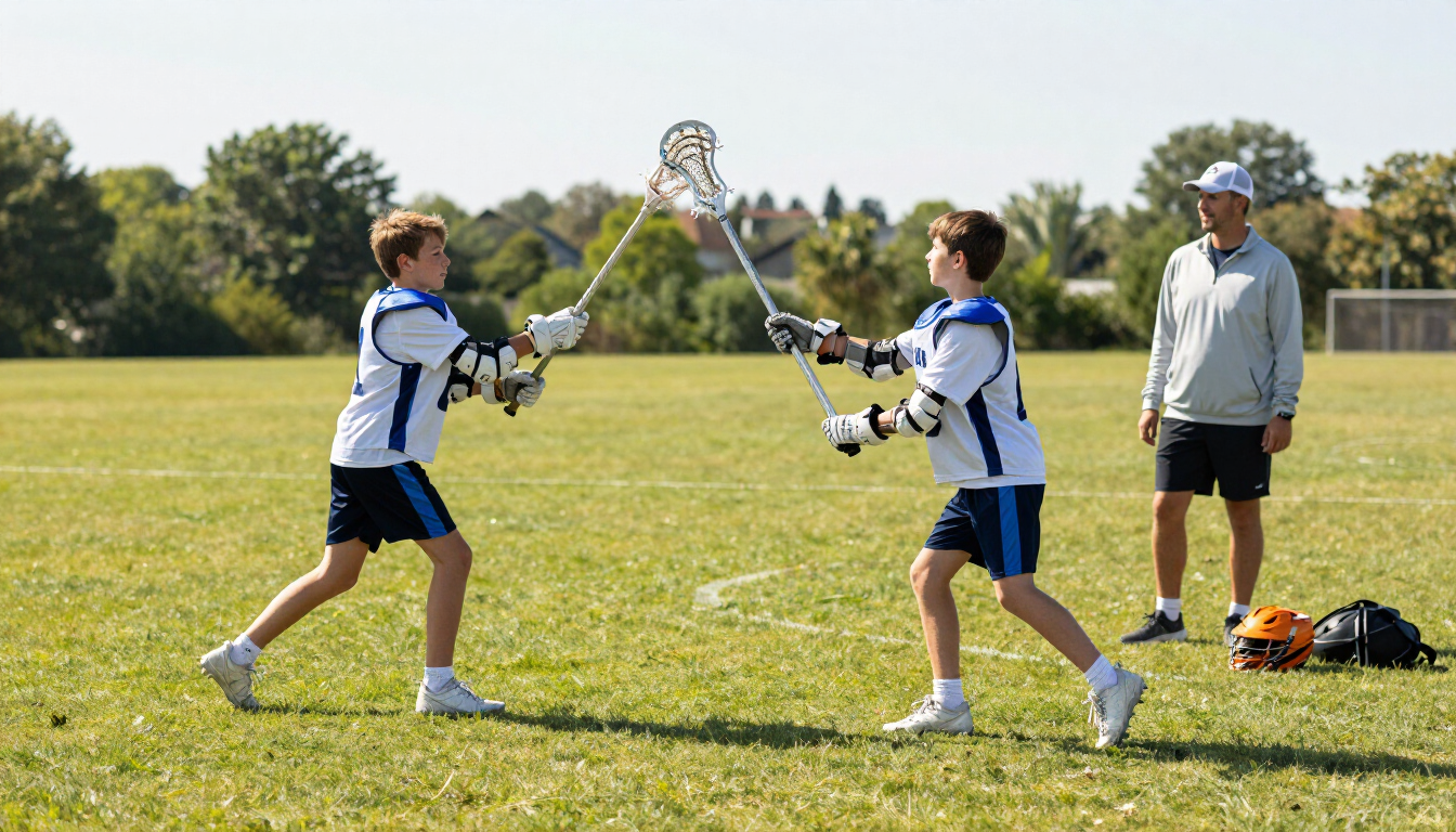 Kids practicing beginner lacrosse skills on a field