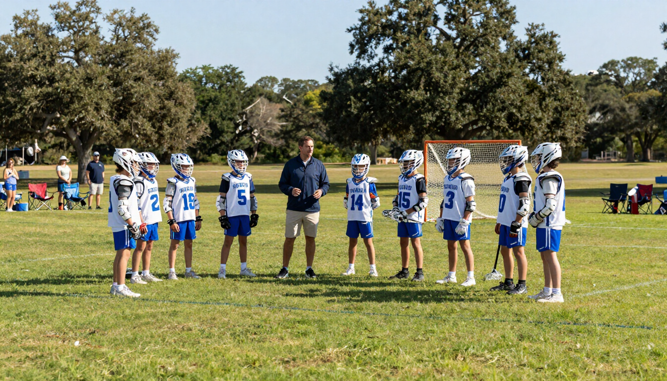 Young lacrosse players learning different positions on a sunny field