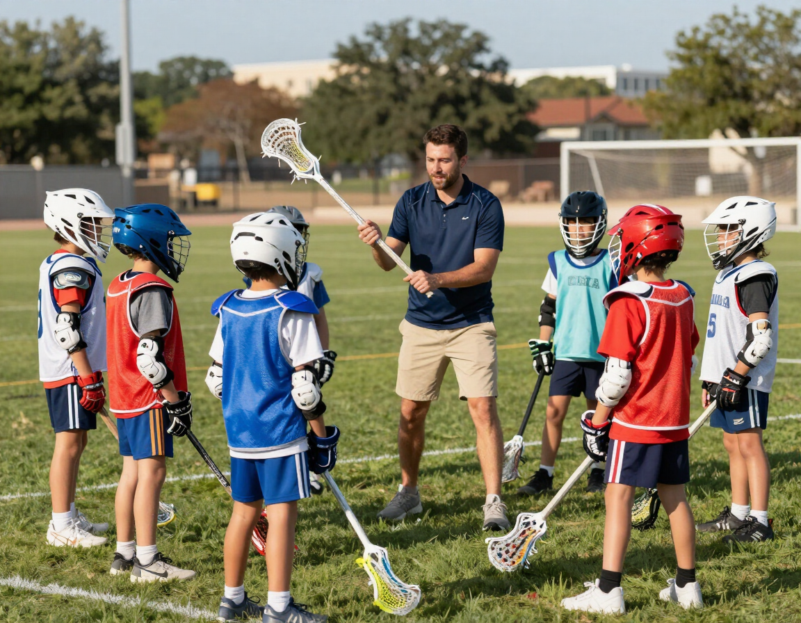 Coach helping K-8 lacrosse players practice passing and defensive positioning