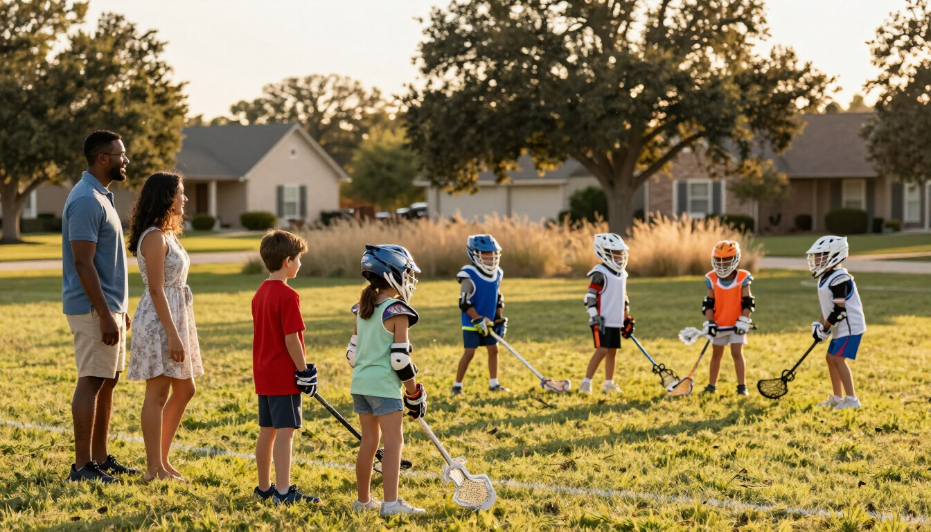 Family learning about the history of lacrosse at a youth game