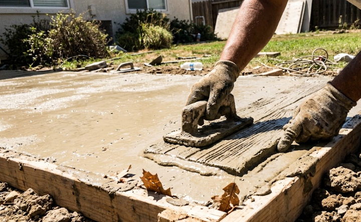 A skilled concrete contractor pressing a wood-grain rubber stamp into wet concrete.