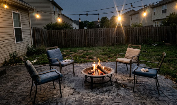 Stamped concrete patio with cobblestone pattern and fire pit in Maryland.