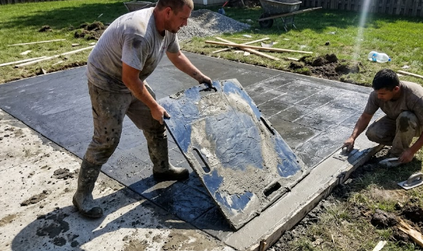 Expert concrete contractors performing stamped concrete patio installation.