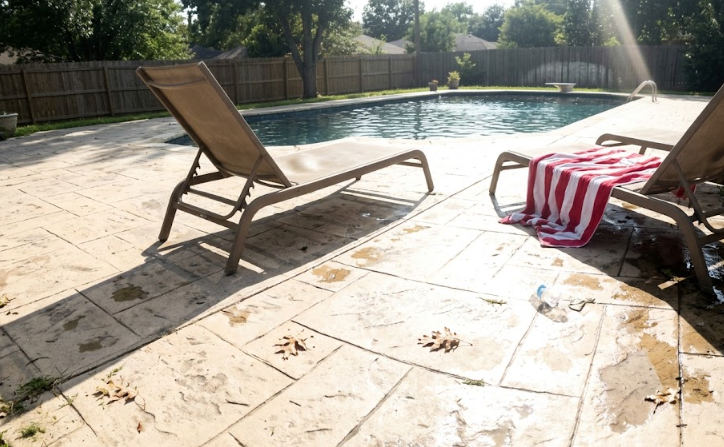 A gorgeous stamped concrete pool deck designed to look like natural stone tiles.