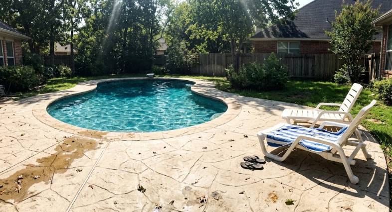 A slip-resistant stamped concrete pool deck with a light beige flagstone pattern.