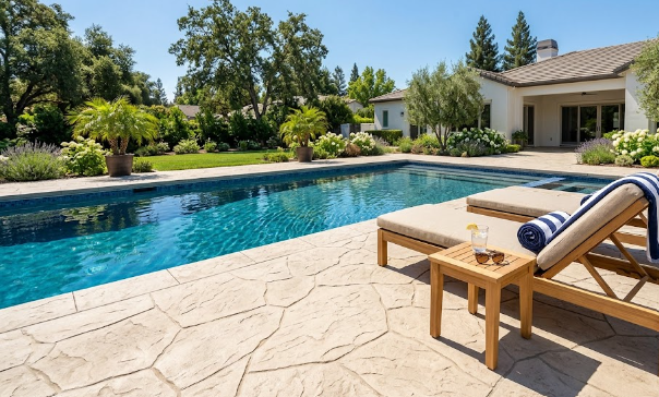 A slip-resistant stamped concrete pool deck installation in a light beige stone texture.