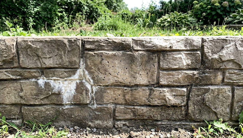 Close up of stamped concrete retaining wall designed to look like natural stacked stone.