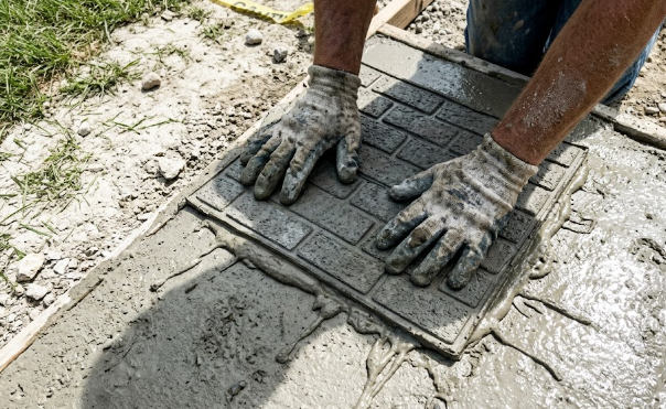 Concrete contractor pressing a brick pattern stamp into wet cement for a custom patio.