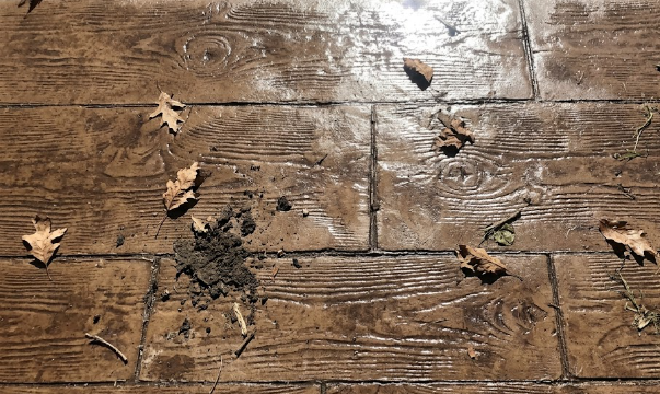 Close up view of wood plank stamped concrete patio designs.