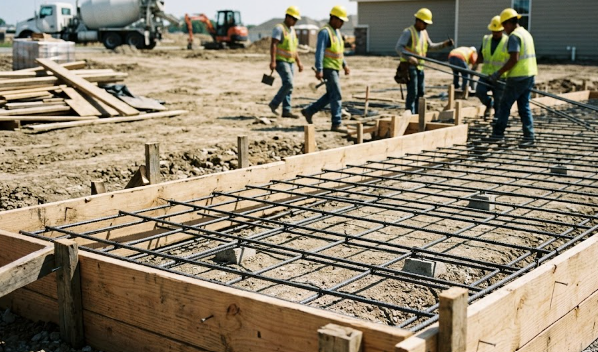 Steel rebar and wooden forms set up for a sturdy Maryland concrete foundation.