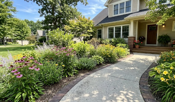 Curved concrete walkway with a decorative border leading to a residential front door.