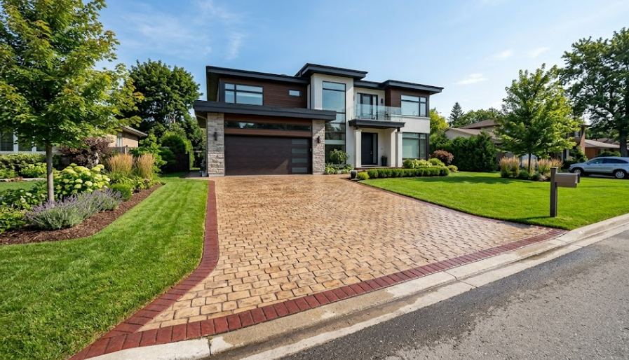 Custom decorative concrete driveway with cobblestone patterns and brick borders for improved curb appeal.