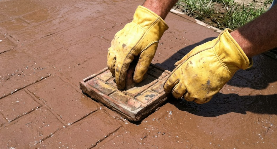 A concrete contractor pressing a brick pattern stamp into a newly poured concrete driveway.