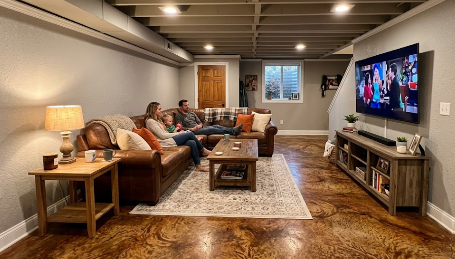 Cozy finished basement with a warm brown acid-stained decorative concrete floor.