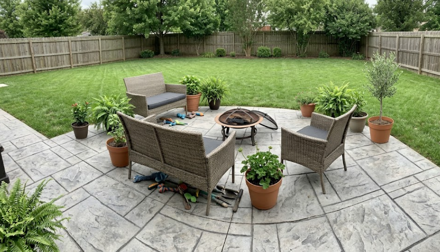 Beautiful decorative stamped concrete patio designed to look like natural flagstone in Columbia MD.