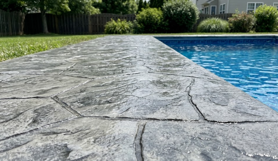 Professional decorative concrete on the side of the pool.