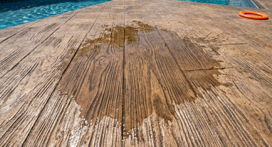 A wooden-patterned decorative concrete next to a pool in Columbia, MD.