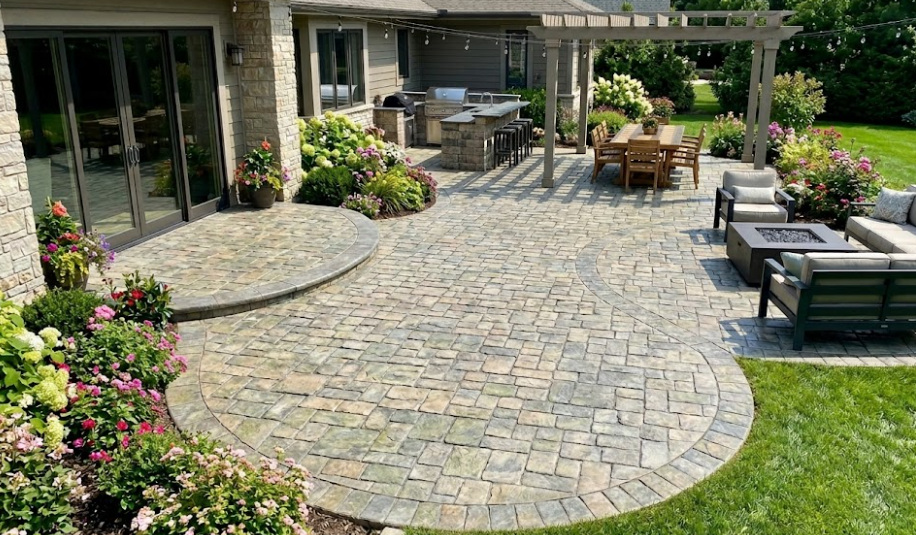 A spacious backyard stone stamped patio in Columbia featuring a dining area with a pergola, an outdoor kitchen, and comfortable seating.