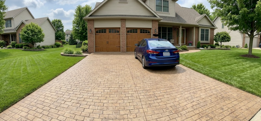A clean car parked on a durable, cobblestone-style stamped concrete driveway with great curb appeal.