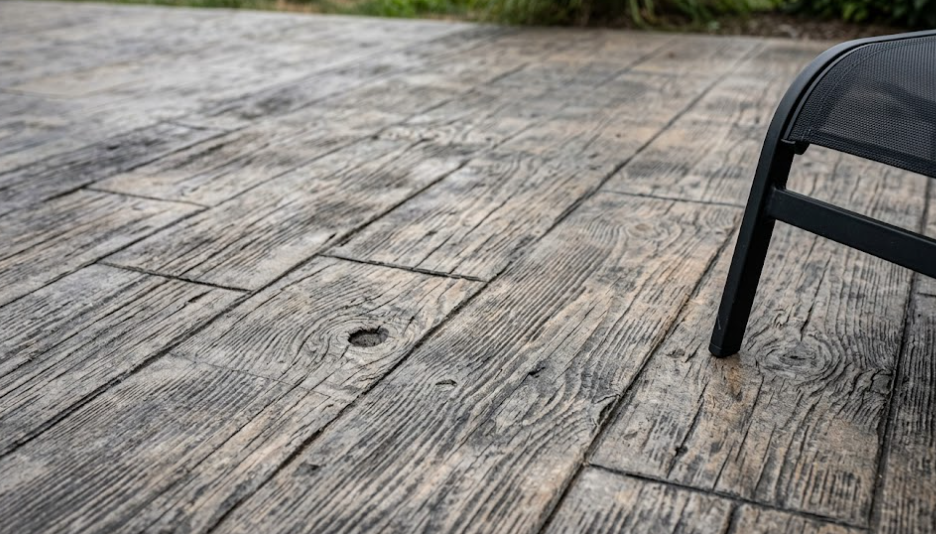 Close-up view of stamped concrete in Columbia designed to look like real gray wood planks for a durable outdoor patio.