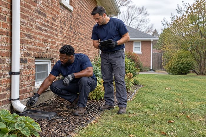 Basement waterproofing crew inspecting masonry drainage at a Tiffin, OH home