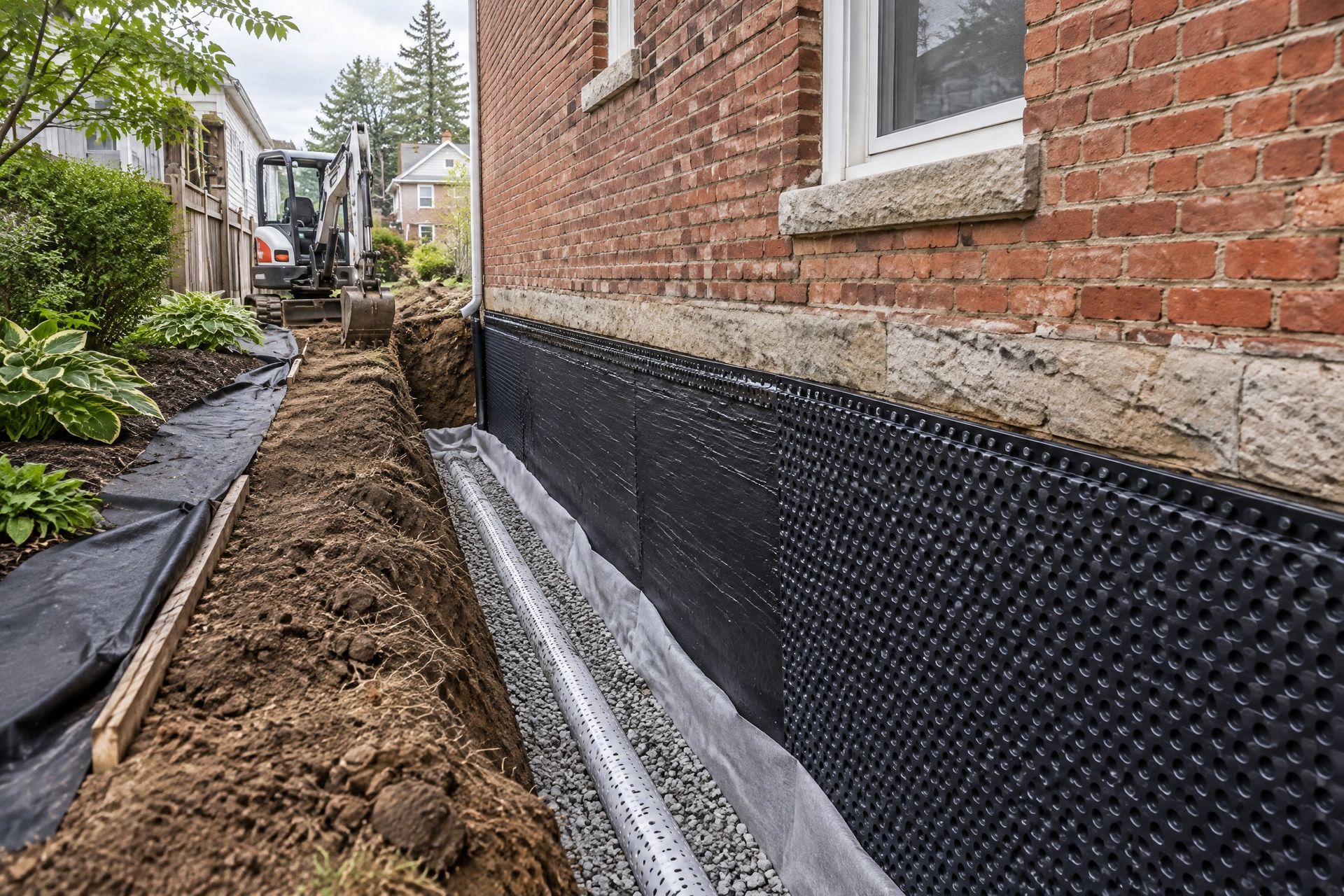 Footing-level exterior waterproofing and French
drain installation in Tiffin, OH