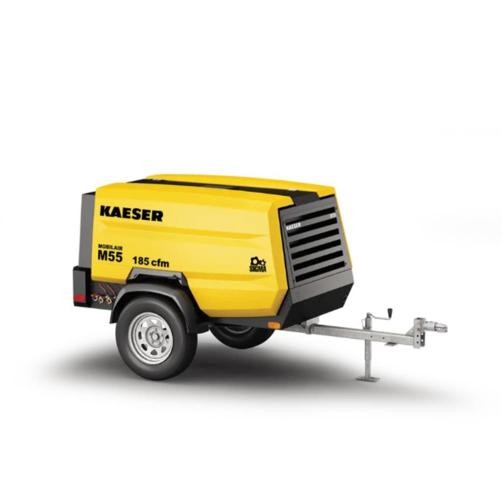 Remolque amarillo con compresor de aire portátil KAESER sobre fondo blanco.
