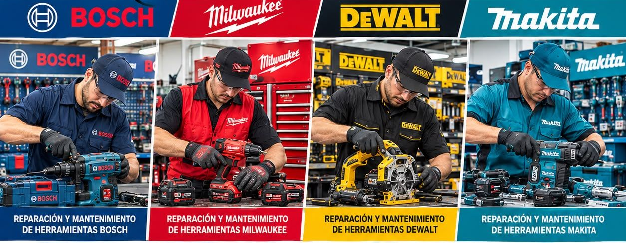 Collage de reparaciones de automóviles y mecánicos con el texto en español en negrita “REPARAMOS” y un logotipo azul “MECA”.