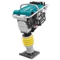Apisonadora vibratoria con carcasa del motor de color verde azulado y fuelle amarillo sobre una placa base de metal.