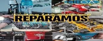 Collage de reparaciones de automóviles y mecánicos con el texto en español en negrita “REPARAMOS” y un logotipo azul “MECA”.