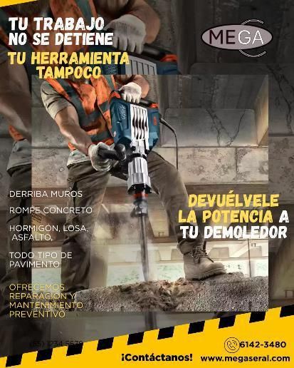Operario usando rotomartillo en obra; anuncio de renta de herramienta con texto “Devuélvele la potencia a tu demoledor”.