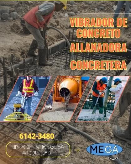 Obrero utilizando un vibrador de hormigón en una obra, con un anuncio en español de servicios de contratista de hormigón.
