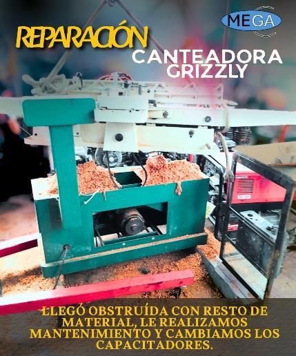 Reparación de canteadora Grizzly con restos de material obstruyendo la máquina.