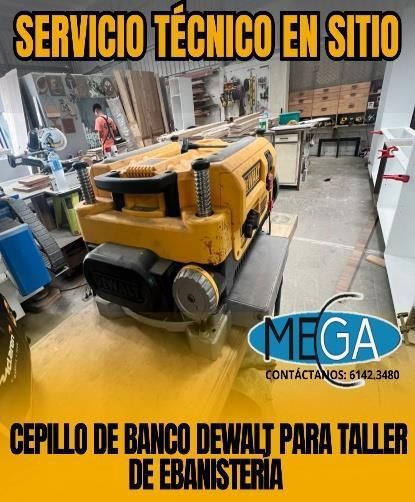 Cepillo de banco Dewalt amarillo en taller, con texto de servicio técnico en sitio y marca MEGA.