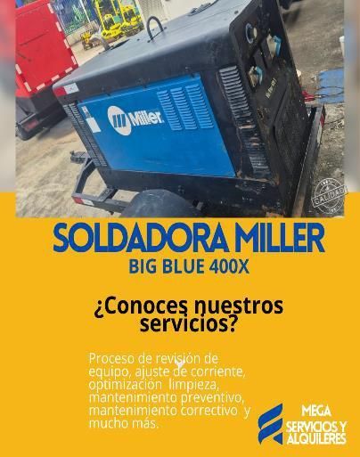 Soldadora Miller Big Blue 400X azul y negra en un anuncio de servicios de mantenimiento y reparación