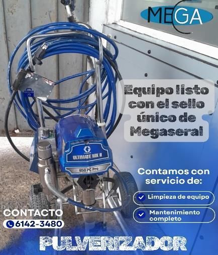 Equipo pulverizador azul con mangueras; texto promociona sello único Megaseral y servicio de limpieza/mantenimiento.