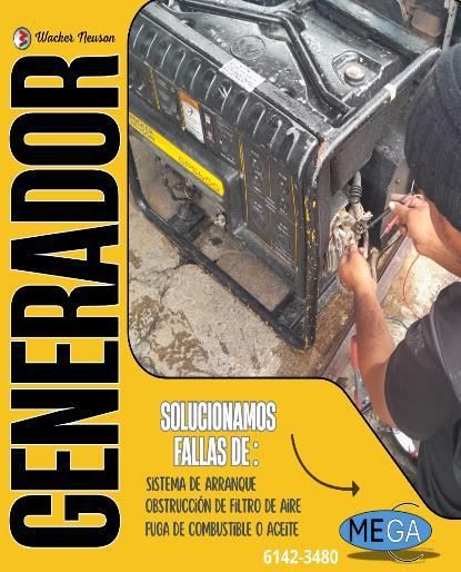 Portada de folleto sobre generador averiado; técnico inspecciona equipo negro con texto amarillo y logo MEGA.