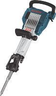 Martillo neumático eléctrico azul con mango negro y broca plateada sobre fondo blanco.