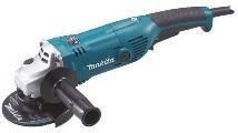 Amoladora angular Makita azul con mango negro y protector de disco sobre fondo blanco.
