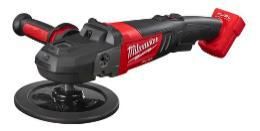 Amoladora angular inalámbrica Milwaukee roja y negra con disco de pulido redondo